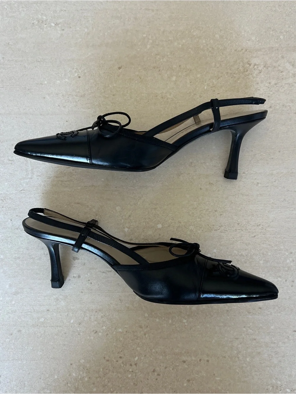 Vintage CHANEL Black Patent Leather Pointed Toe Slingback Heels
